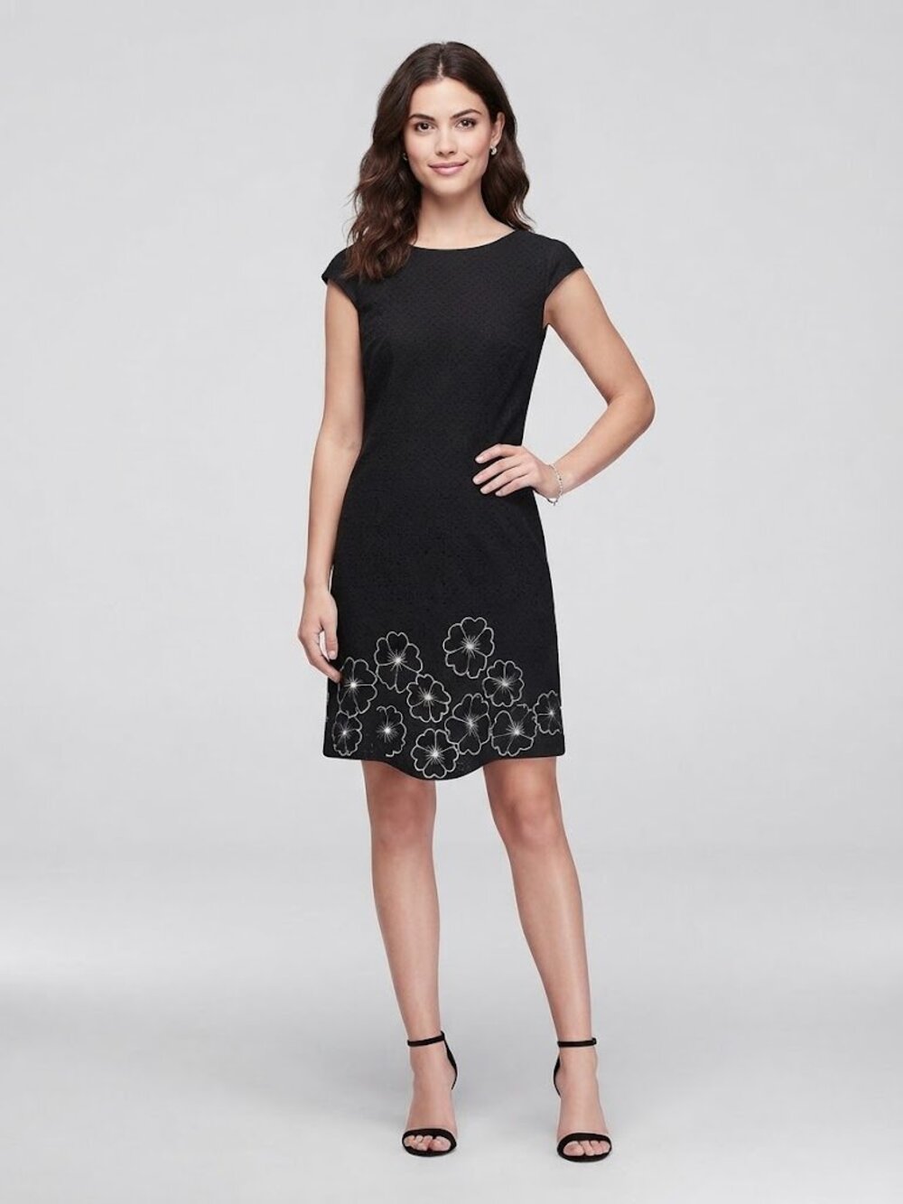 Kay Unger Black Floral Embroidered Hem Wool Blend Cap-Sleeve Dress